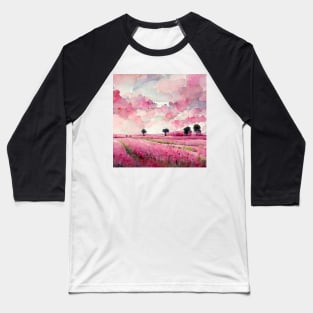 Watercolor Painting Pink Fields and Clouds Baseball T-Shirt